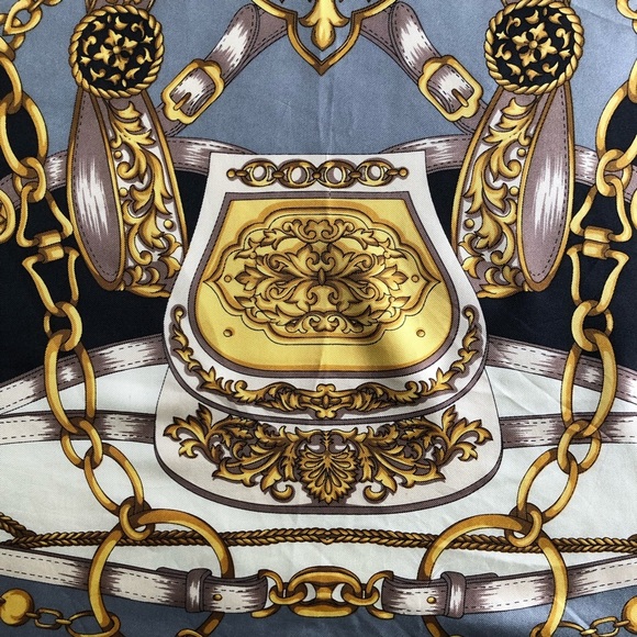 Silk Scarf - Gold Chains Tassels Filigree Design - Gray Black Cream Gold 34” - Picture 3 of 9